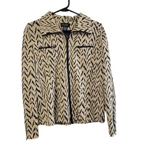 NABI Womens XL Zebra Print Full Zip Jacket Tan Black Stretch Textured Collared